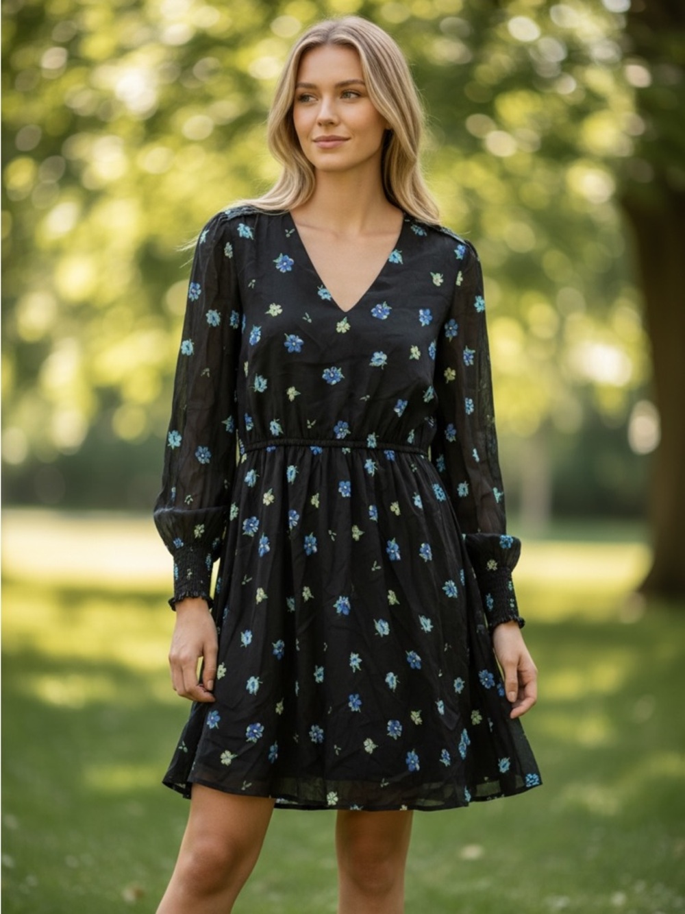 Black Floral V-Neck Midi Dress with Blue & Green Print